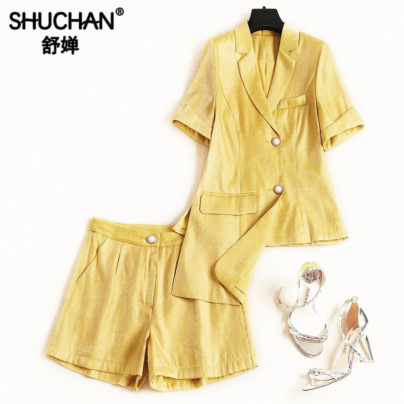 

Shuchan Yellow Shorts with A Jacket Women 2 Piece Set Asymmetry Blazer+ Shorts Office Lady Summer 2019 Women Suit Fashion 51119