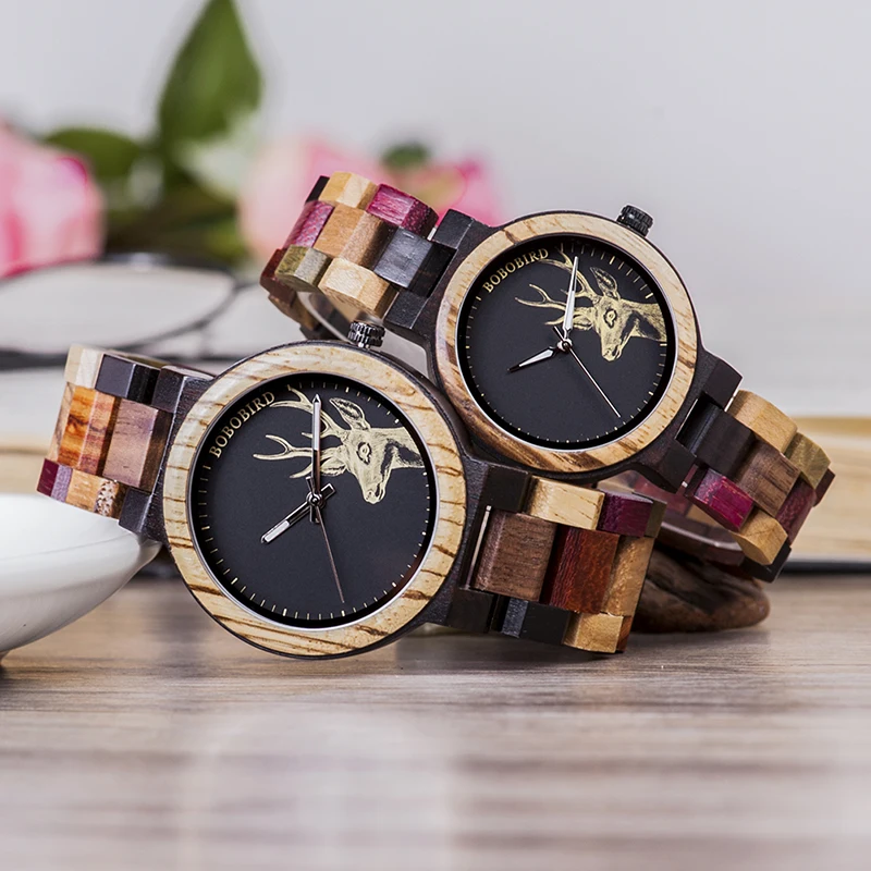 BOBO BIRD Quartz Watch Men reloj mujer Elk Engraving Wooden Women Watches in Wood Box relogio masculino Great Gift for Lover