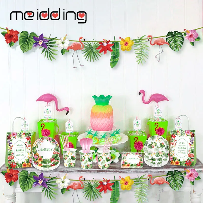 MEIDDING Happy Birthday Party Tropical Party Banner Aloha Disposable Tableware Napkin Supplies Palm Leaf Balloons Flamingo Decor