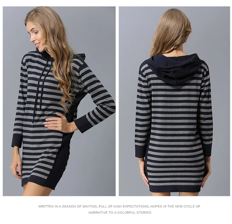Europe and the United States autumn new simple sweater women striped long loose hooded hooded sweater sweater (11)