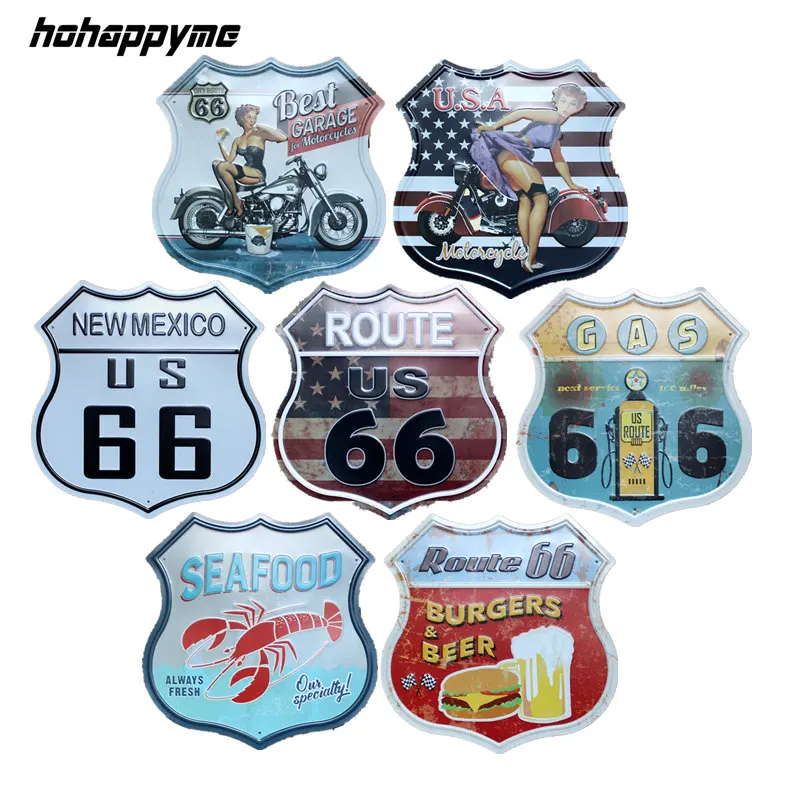 

Route 66 Metal Tin Signs Irregular Garage Sign Vintage Pub Bar Art Wall Decor Plaques Home Decor 30x30cm