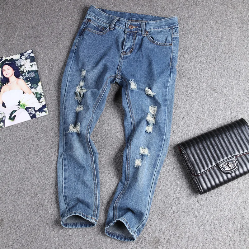 Новые полосатые рваные джинсы для женщин в консервативном стиле с эластичной резинкой на талии джинсы Femme Джинсы Mujer 2018 Прямая поставка