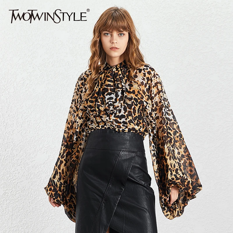 

TWOTWINSTYLE Chiffon Women's Shirt Stand Collar Long Lantern Sleeve Bandage Bow Perspective Female Clothing 2019 Fashion New