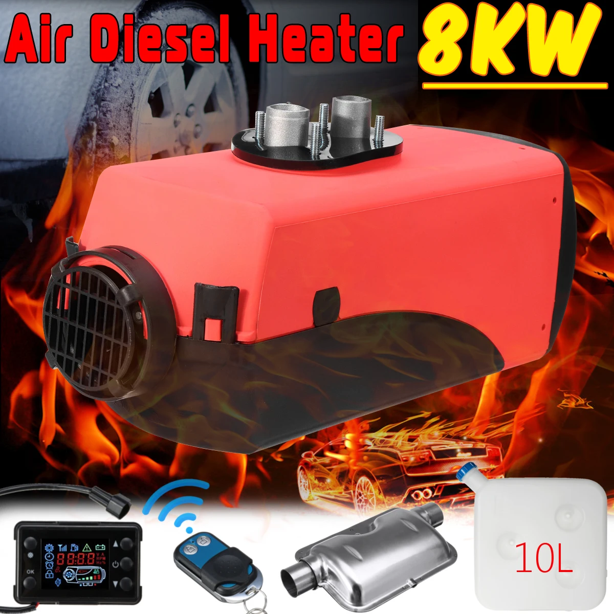 

12V 8000W With Remote Control LCD Disel Air Heater 10L Tank Planar Car Trucks Bus Boat Motor Home Silencer Monitor Single Hole