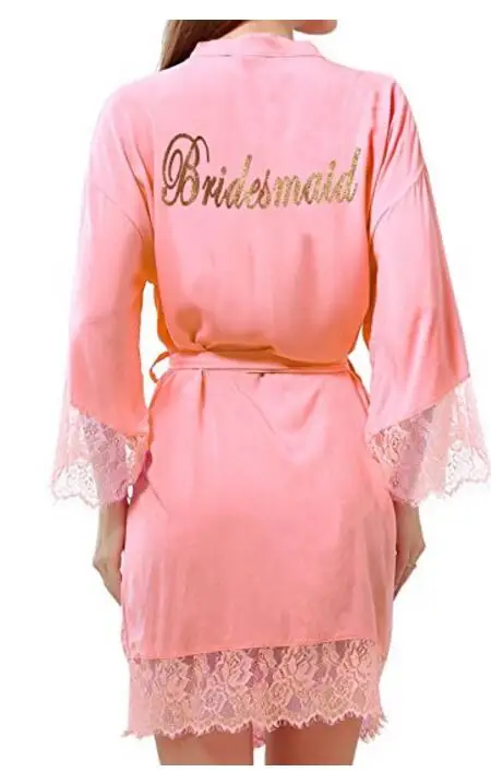 Для женщин хлопок Однотонная одежда короткое кимоно халаты с золотым блеском для невесты и невесты, Свадебная вечеринка готовимся халат с L - Цвет: pink Bridesmaid