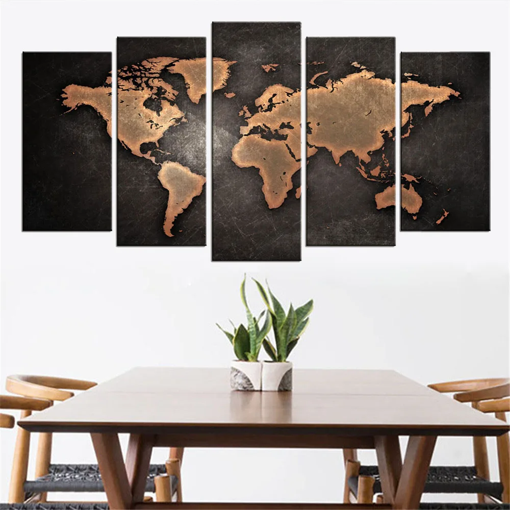 

5 Panel Modern Abstract Black World Map Canvas Painting Prints Art Wall Picture for Living Room Home Decor Framed Ready to Hang