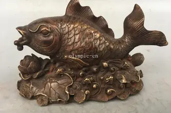 

8'' copper bronze sculpture home fengshui decor auspicious Lotus Fish statue
