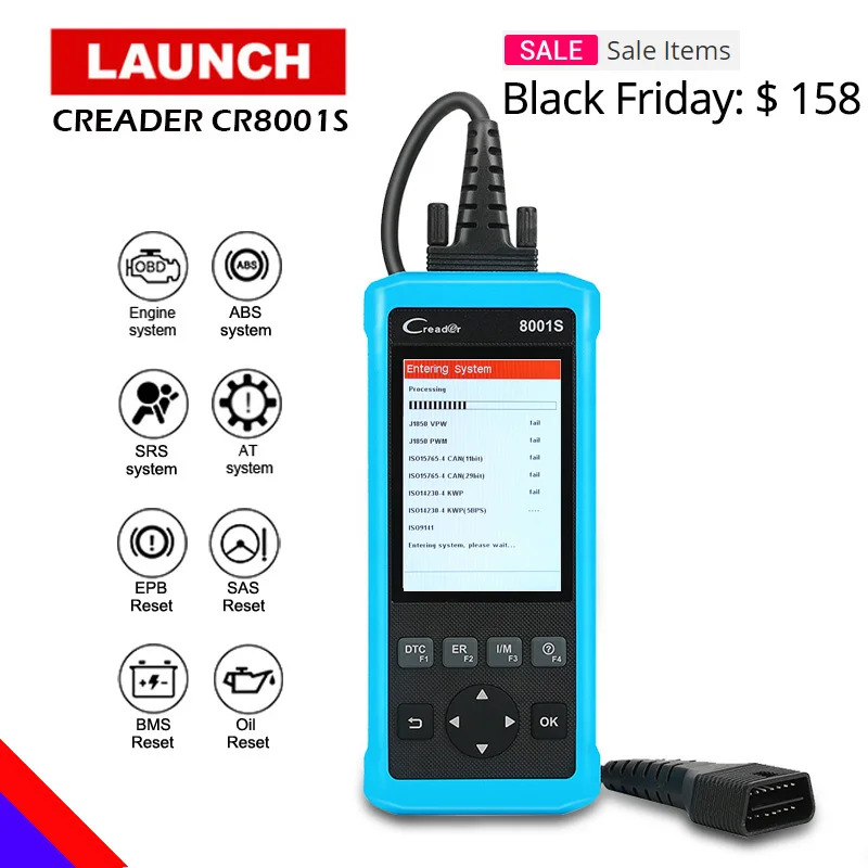 

Launch Creader 8001S 4 System Car Diagnostic Tool Full OBD2 Automotive Code Reader Scanner Oil Reset Brake Reset SAS BMS