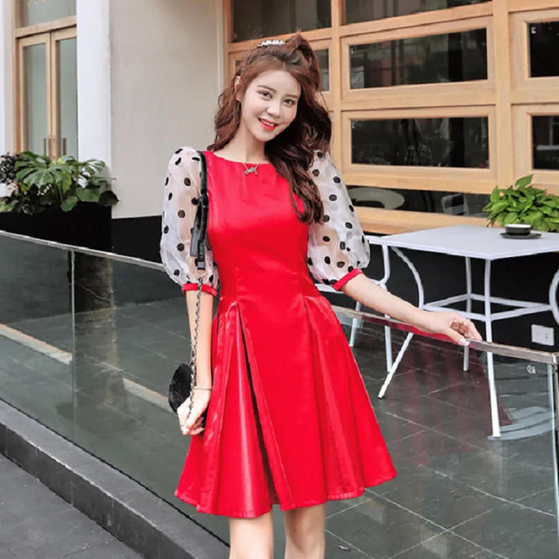 

Organza Polka Dot Puff Sleeve Patchwork Women Dress O-neck A-line Red Dresses Female 2019 Summer Fashion Party Dress