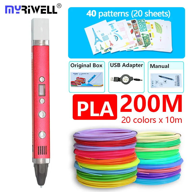 Myriwell 3d Ручка RP100C, ABS/PLA/PCL 3 режима, с PLA нити и бесплатный узор лучший подарок для детей Детский подарок на день рождения - Цвет: Red add pattern