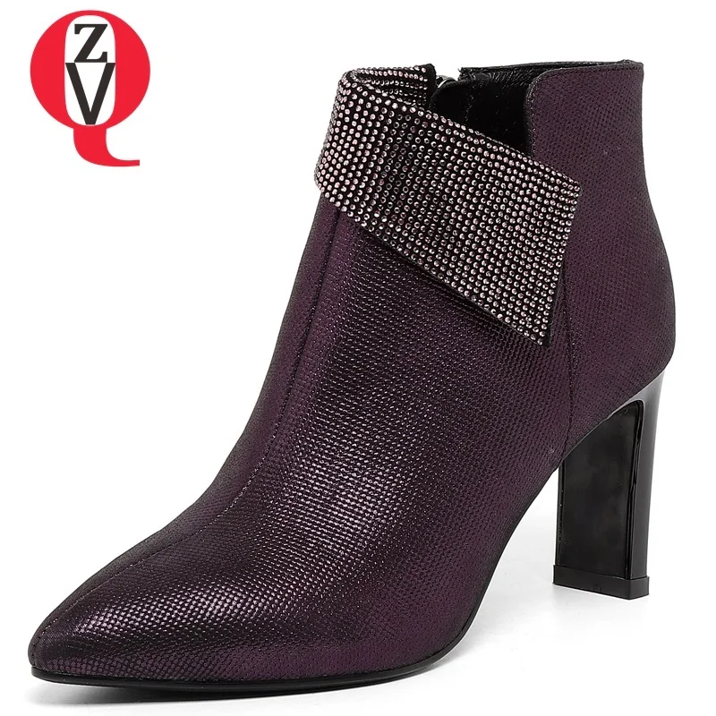 

ZVQ high quality sheepskin crystal decoration pointed toe super high strange style blue and purple zipper winter warm booties