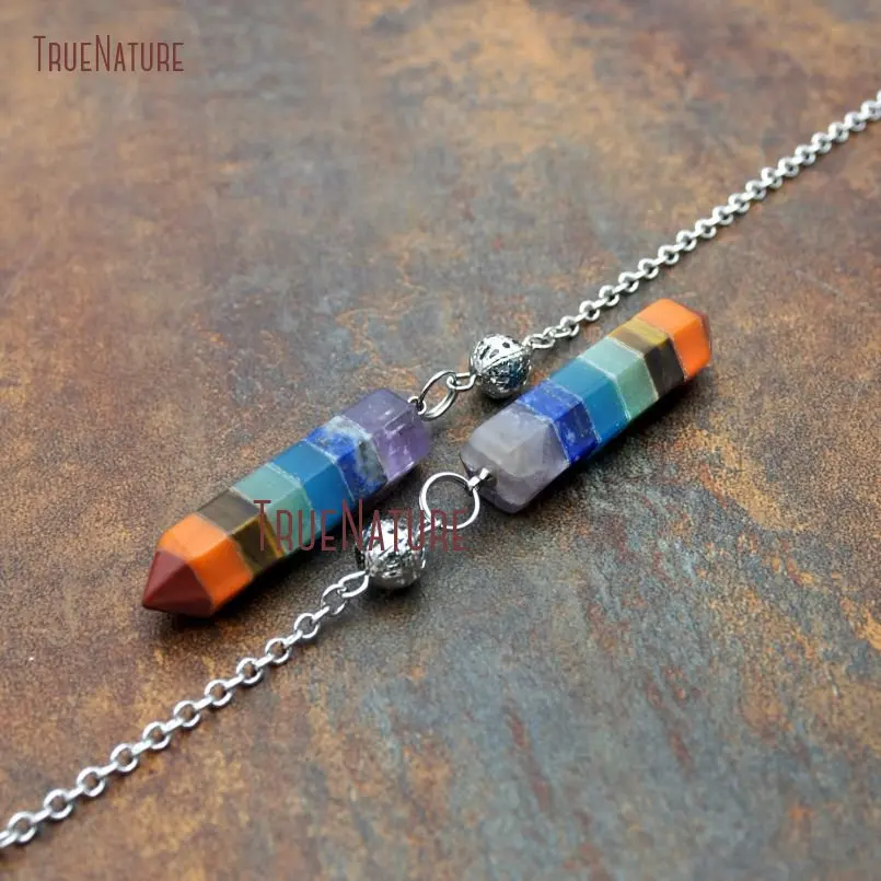 20171212-PM9123- Mix Material Pendulum 7 Chakra Electroplating Dark Silver Point Pendulum