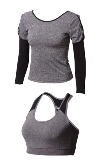 Йога набор спортивной Для женщин Фитнес беговые костюмы дышащий тренажерный зал+ спортивные Бюстгальтеры для женщин+ Бег Tighs одежда спортивный костюм для девочек - Цвет: grey shirt and bra