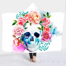 

Watercolor Skull with Flowers 3D Printed Plush Hooded Blanket for Adults Kid Warm Wearable Fleece Custom Blankets