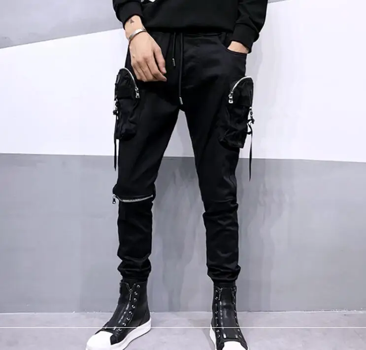 Осенние мужские черные штаны-шаровары в стиле хип-хоп, панк, с большими карманами, с лентами, корейские мужские облегающие эластичные штаны-карго для бега, уличная одежда - Цвет: Черный