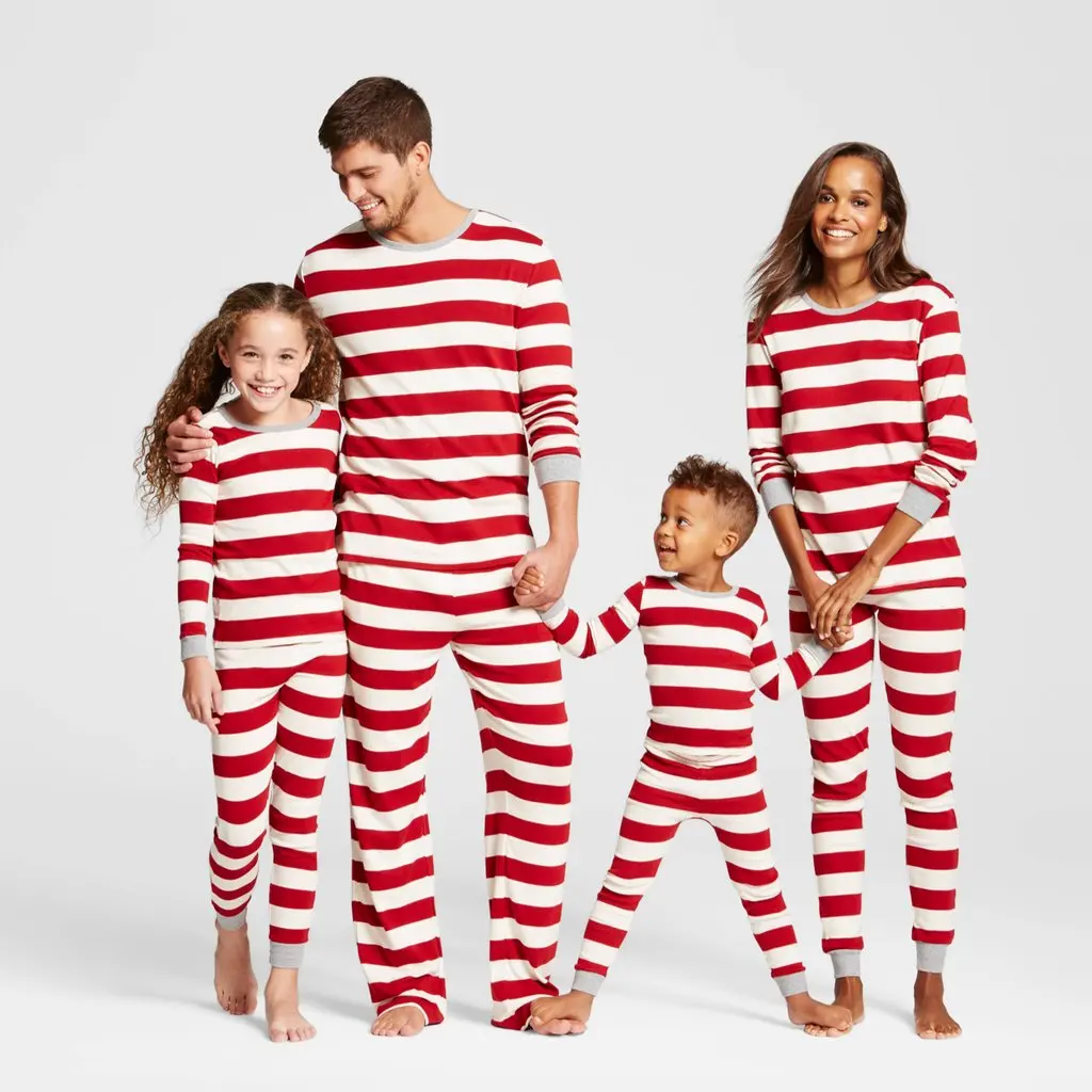 Семейные комплекты Рождественская пижама Рождественский комплект красный полосатый пижама с длинными рукавами одежда для сна комплекты одежды с топами и штанами