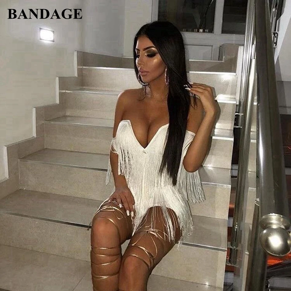 

Summer Sexy Tassel Women Bandage Dress Bodycon Sleeveless Mini Dresses Celebrity Party Club Strapless Evening Vestido