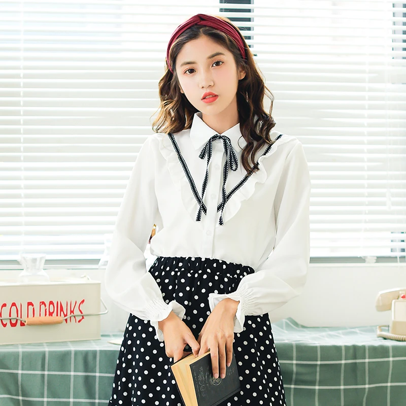 

Women's Shirts Ulzzang Japanese Kawaii Ladies Vintage Bow Tie With Long Sleeve Shirt Female Korean Harajuku Clothes For Women