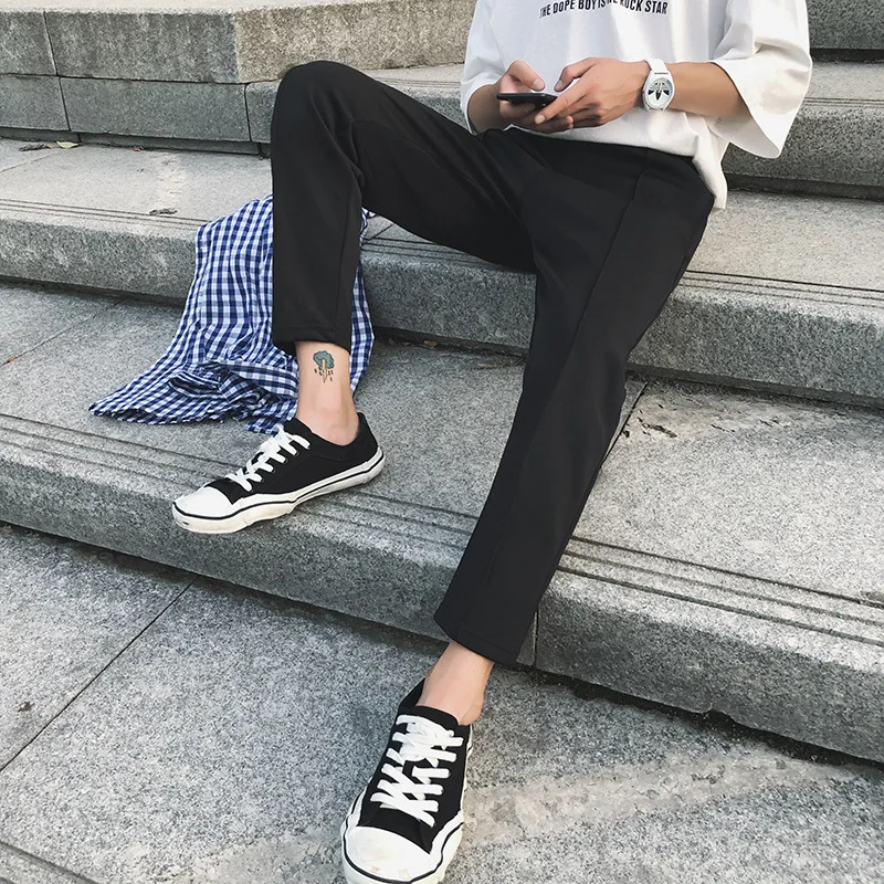 Summer New Nine-point Length Solid Color Straight Loose Harlan Men's Casual Pants Personality Fashion Classic Trend Youth Simple