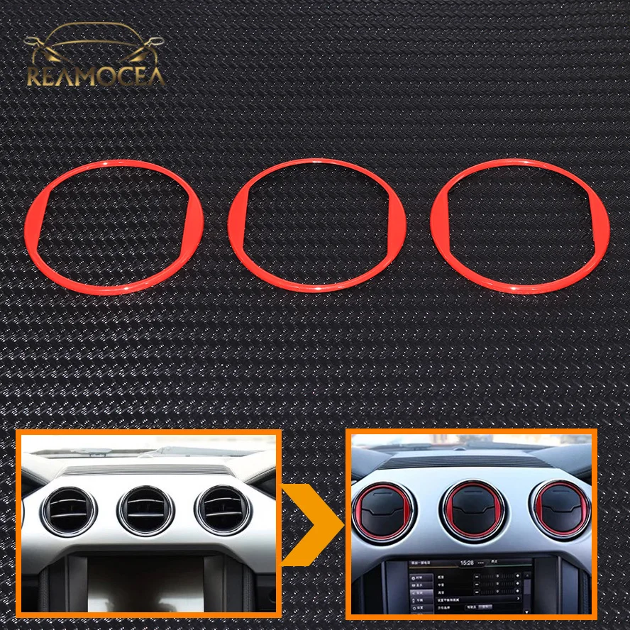 

Reamocea 3Pcs For Ford Mustang 2015 2016 2017 Red Interior Dashboard Center Air Condition Vent Outlet Ring Circle Trim Frame