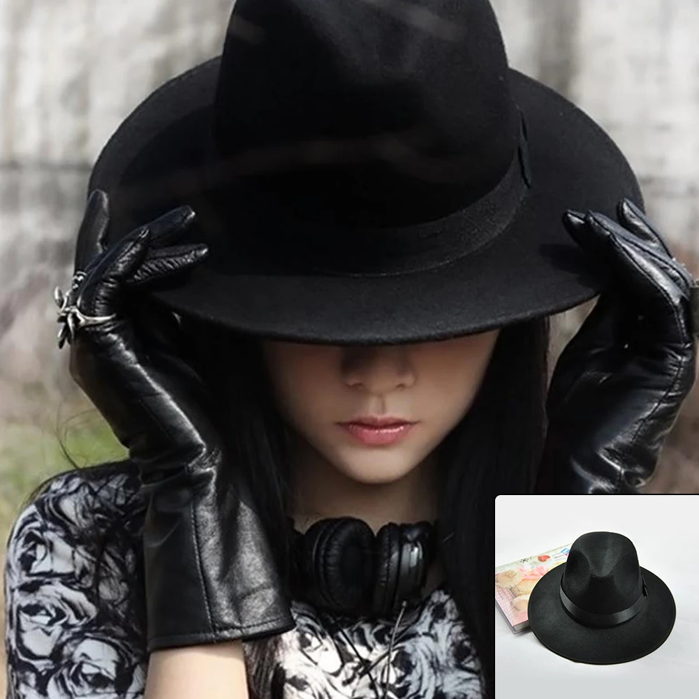 Men's and Women's British Vintage Wide Brim Ribbon Warm Wool Hat Bowler Jazz Black hat Cap For Winter Summer Autumn