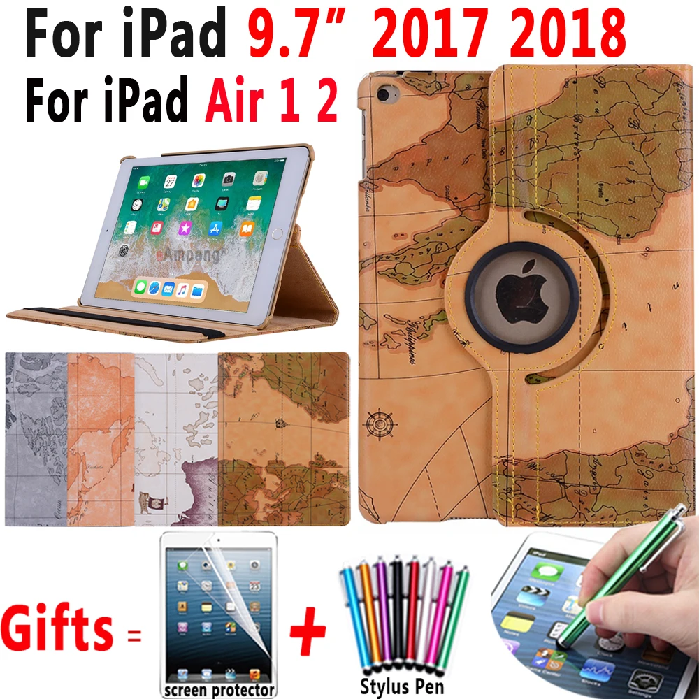 360 Вращающийся Кожаный смарт-чехол с картой мира для Apple, iPad 9,7 Air 1 2 5 6 5th 6th A1822 поколения Coque Funda