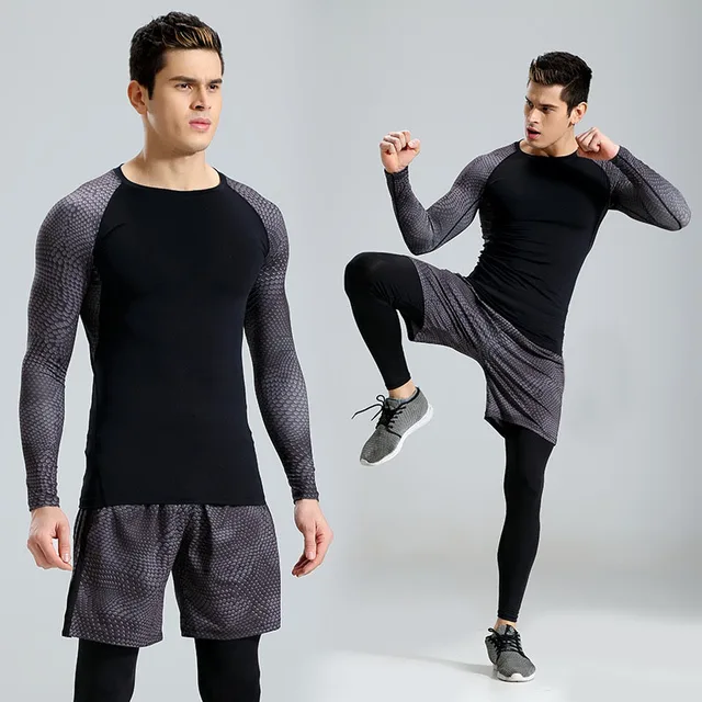 2017 New 3Pcs Running Set Men Snake Quick Dry Mens Sport Suit Fitness