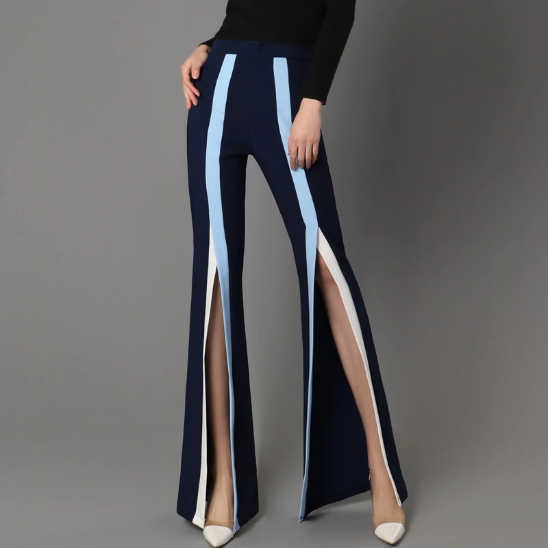 

2018 Spring New Women Wide Leg Pants Fashion Stripe Split Bell Bottom Pants High Waist Boot Cut Trousers Flare Trousers