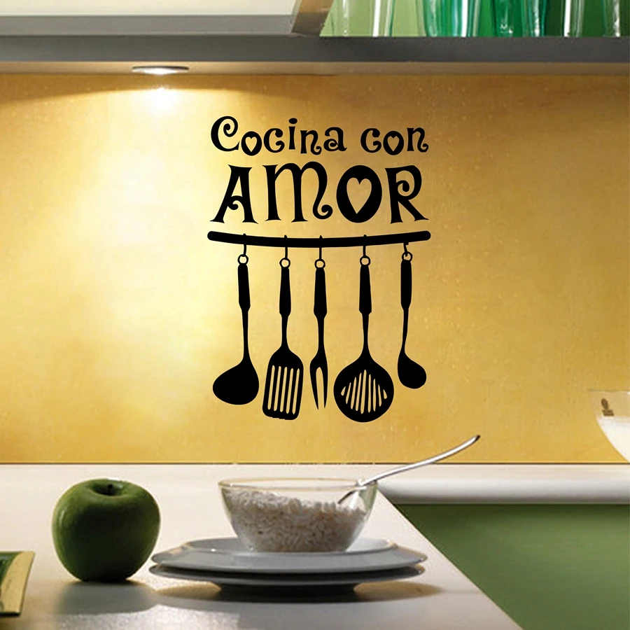 Испанская виниловая настенная наклейка Cocina Con Amor Wall Art Декали с цитатами настенные украшения для кухни