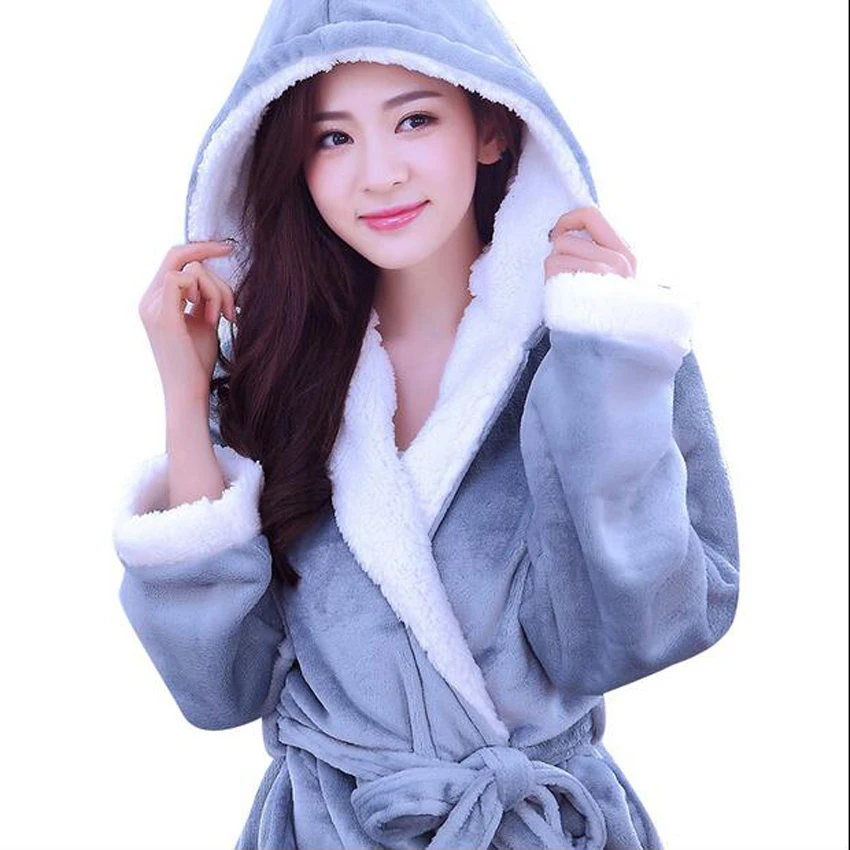 Autumn Winter Fleece Soft Bathrobe With Hood Ladies Robes
