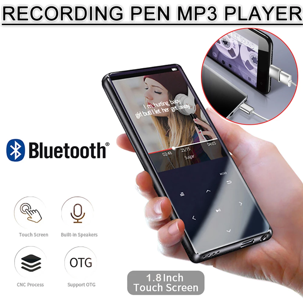 OTG MP3 плеер Диктофон Bluetooth 4,2 сенсорный экран 1,8 дюймов Мини Портативный HIFI 5D музыкальный плеер 8 ГБ/16 г ультра тонкий MP3 плей