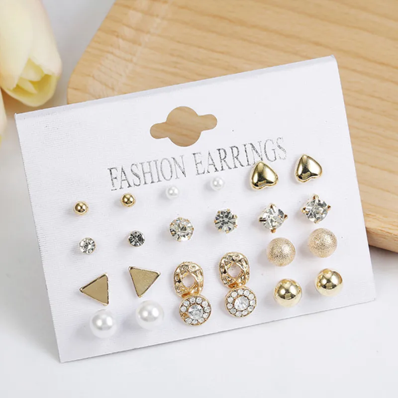

Vintage gold twisted Stud earrings for women 2019 new geometric 24pcs/set Metal Piercing Simulated Pearl Flower Earrings jewelry