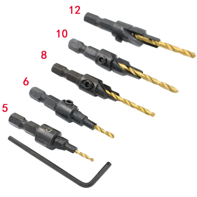 5pcs Countersink Drill Woodworking Bit Set Drilling Pilot Holes For Screw Sizes 6 8 10 12