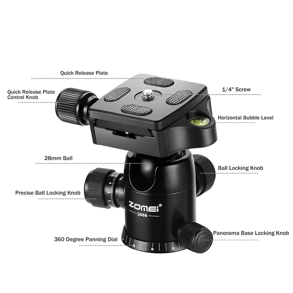 Профессиональный штатив Zomei Q666 для DSLR камеры с шаровой головкой, монопод, компактный дорожный штатив для камеры Canon, Nikon, sony, SLR