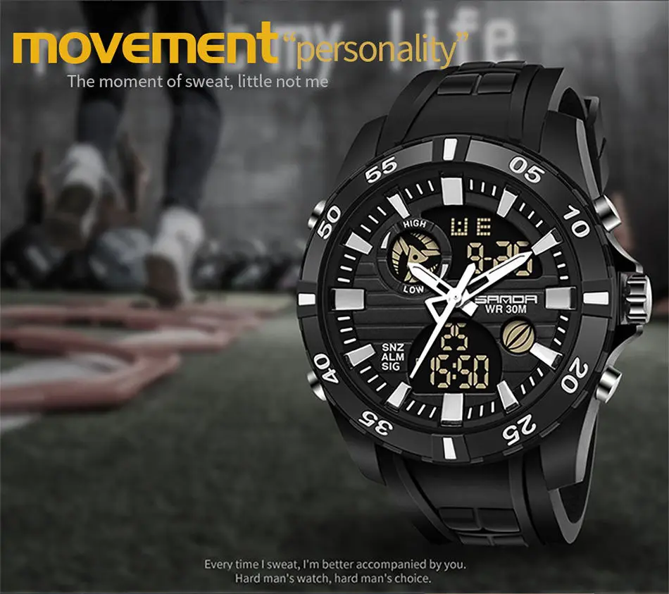 Sanda 791 спортивные часы для мужчин с двойным движением, мужские часы с Т-образным хронографом и будильником, мужские часы с ЖК-дисплеем, 3 АТМ водонепроницаемые черные наручные часы