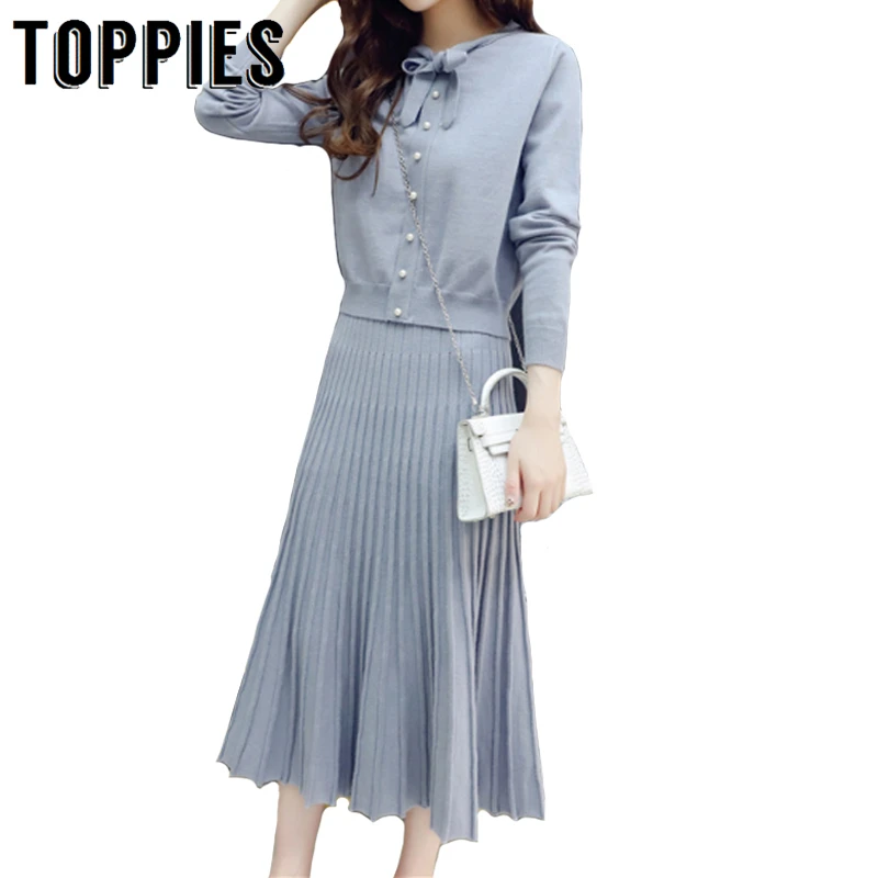 

2019 Autumn Knitting Suit Set Woman Pearls Sweater Elastic Waist Pleated Skirts Elegant Lady Two Peice Set
