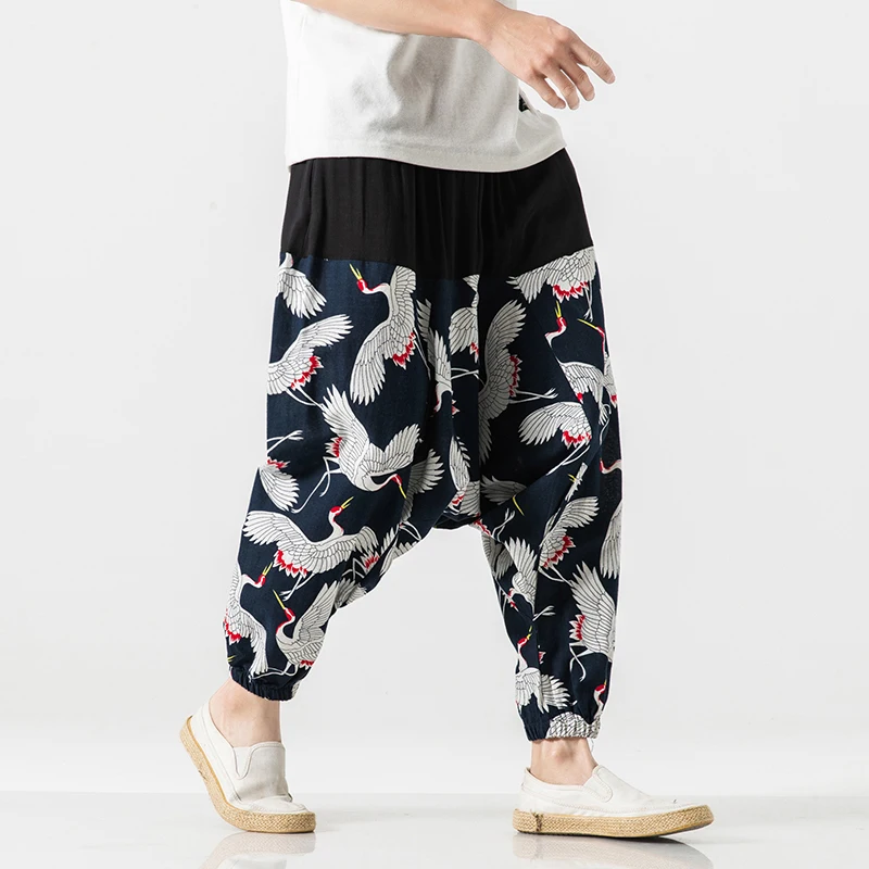 

2019 New Hip Hop Baggy Cotton Linen Harem Pants Men/Women Plus Size Wide Leg Trousers New Casual Print Pants Cross Pants