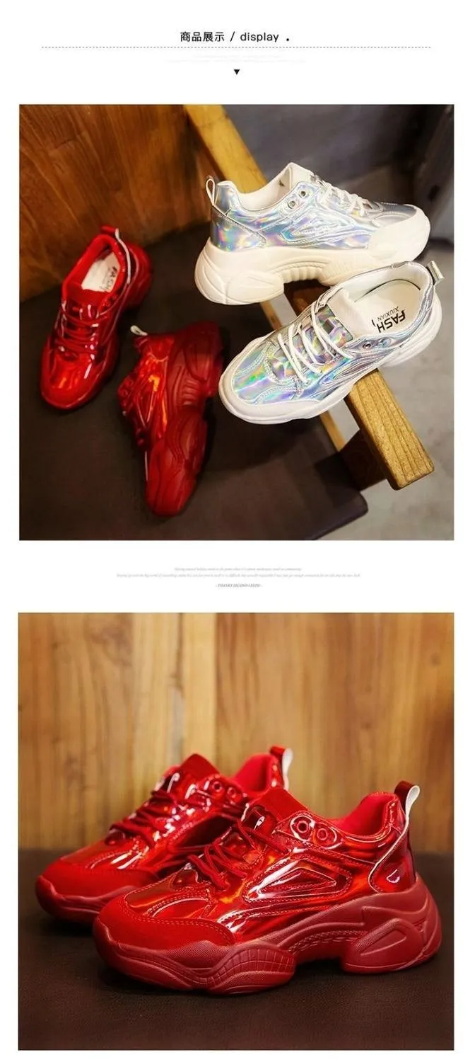 Кроссовки; Прозрачная женская обувь; модная красная/Серебристая повседневная обувь на платформе с лазером; блестящие туфли; дышащие женские кроссовки со шнуровкой; A1-67