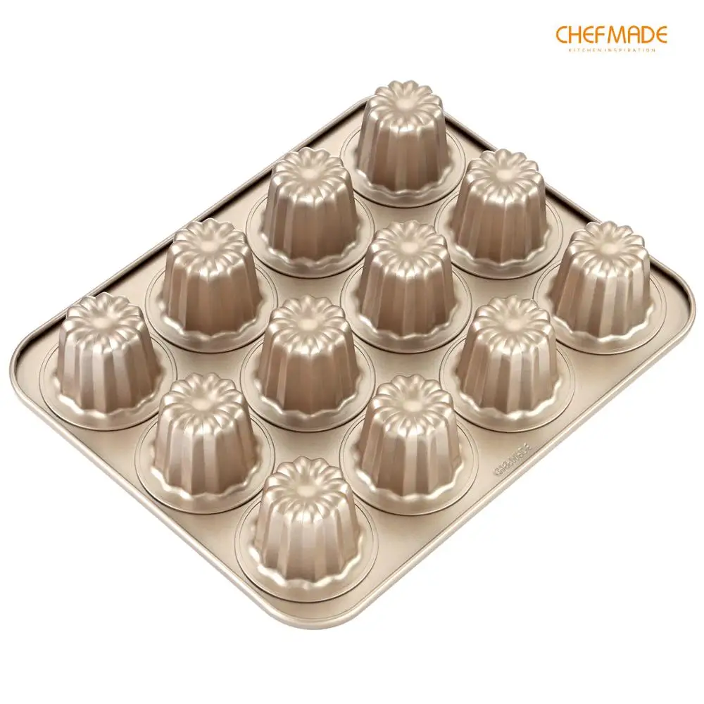 

CHEFMADE Canele Cake Mold, 12-Cavity Non-Stick Cannele Bread Pan, FDA Approved for Kitchen Oven Baking