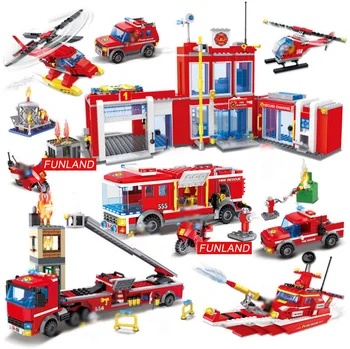 

Hot city heroes fire rescue stack building brick helicopter boat Fire engine ladder truck Department fireman figures block toys