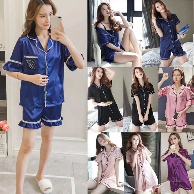 9 видов стилей, женская летняя пижама из искусственного шелка, воротник с лацканами, на пуговицах, ночная рубашка, короткий рукав, v-образный вырез, свободная одежда для сна, домашняя одежда