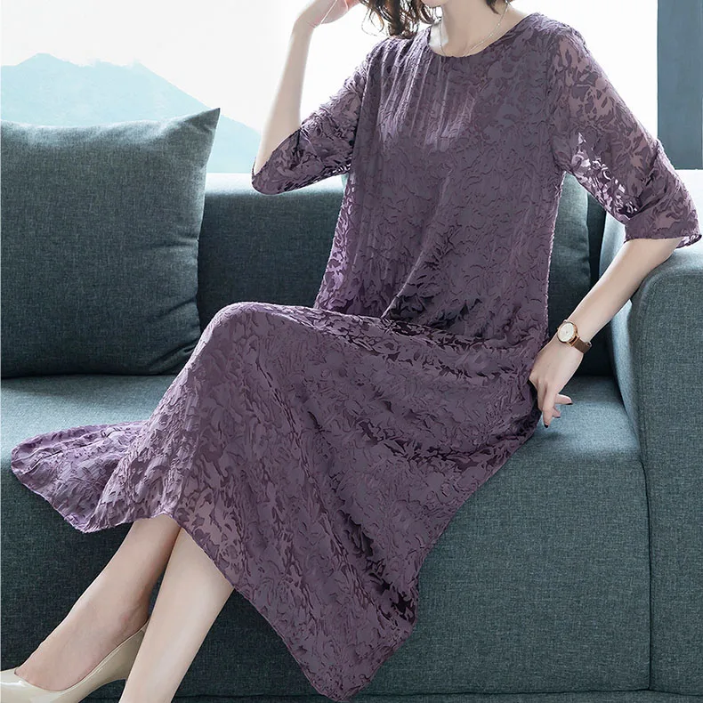 new women silk dress female O-Neck temperament fashion noble purple silk yarn long dress lady summer lace openwork dress d6 - Цвет: dark purple