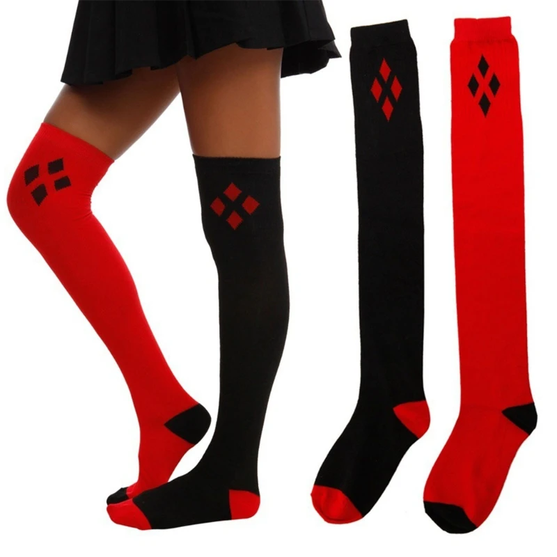 

Women Girl Winter Boots Cuff High Sock Black Red Diamond Printed Knee