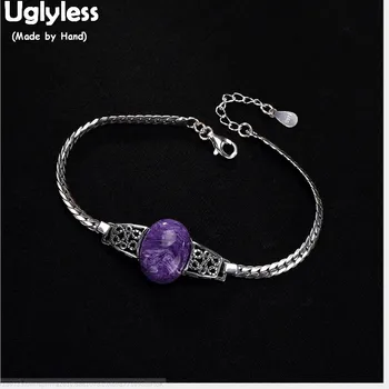 

Uglyless 100% Real Solid 925 Sterling Silver Hollow Vines Bracelets for Women Natural Purple Gemstones Bracelet Charoite Jewelry