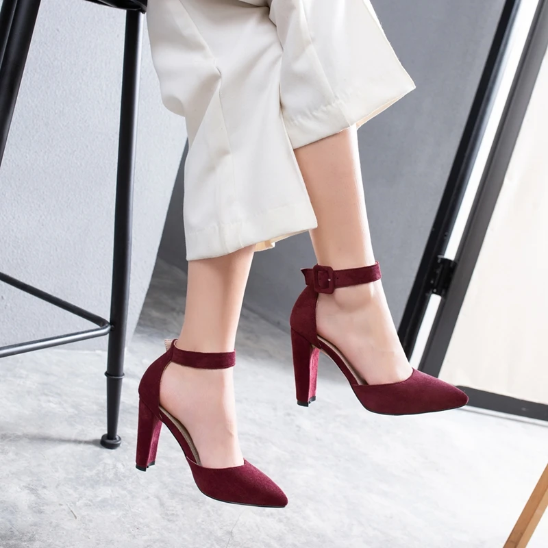 ANNYMOLI/Женская обувь красные свадебные туфли на высоком каблуке, с пряжкой, на не сужающемся книзу массивном каблуке пикантные туфли-лодочки с острым носком и ремешком на щиколотке женские большие размеры 43