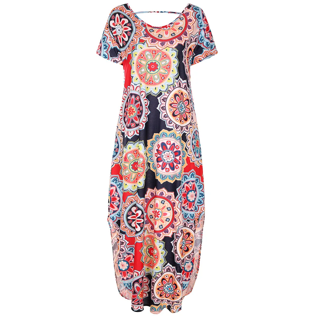 Женское трикотажное длинное платье Boho черное пляжное с короткими рукавами и