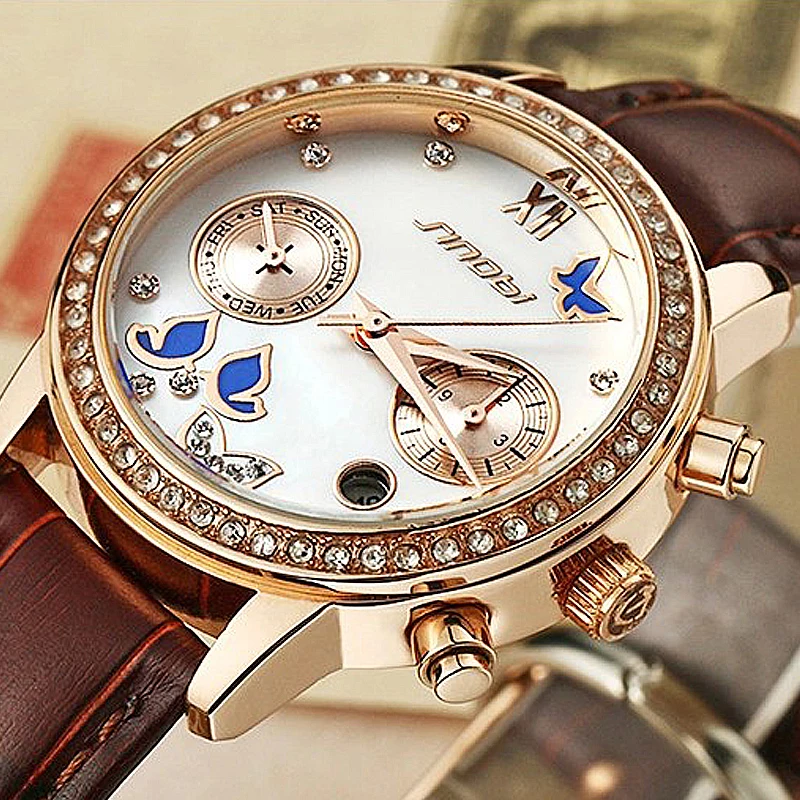 

SINOBI Women's Butterfly Calendar Week Display Watch Ladies Luxury Diamond Leather Strap Quartz Wrist Watches Auto Date Clock