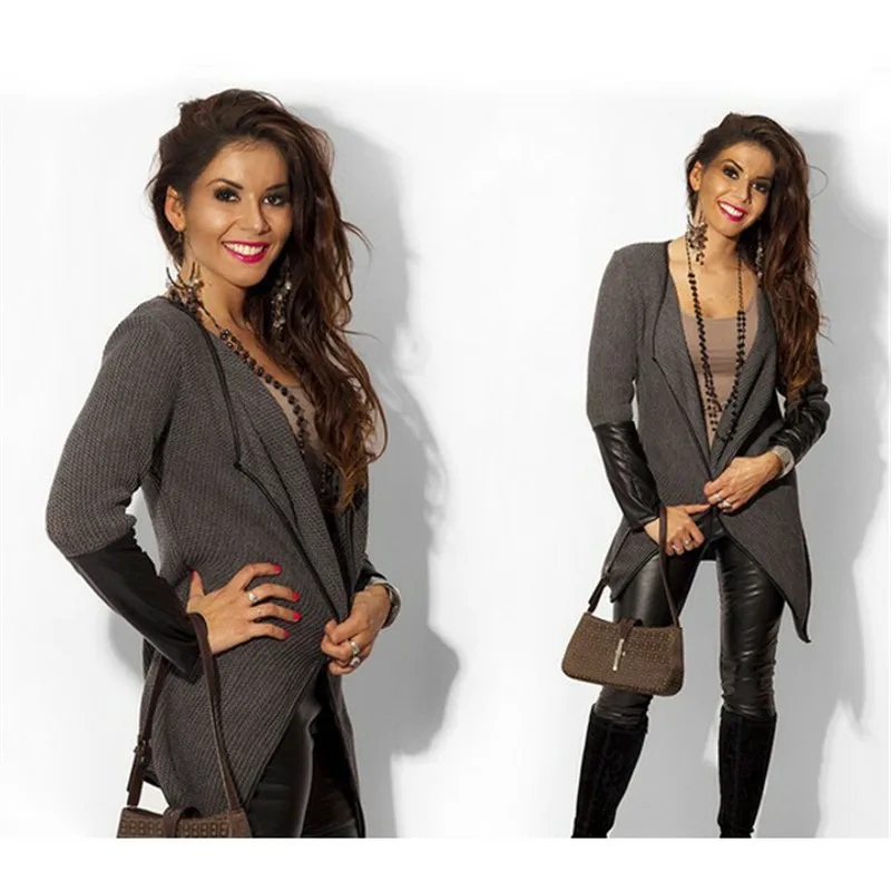 Most effective  jacket winter women Black and white long sleeved leather cardigan women jackets Slim Solid Outwear 