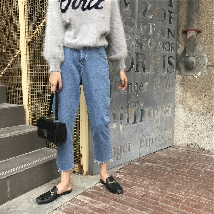 Женские джинсы, высокое качество, подходят ко всему, корейский стиль, трендовые женские свободные шаровары с карманами, для отдыха, студентов, простые, повседневные