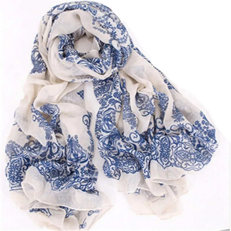 

YGYEEG Printing Scarf Blue White Porcelain Style Thin Section The Silk Floss Women Scarf Shawl High Quality Factory Wholesale